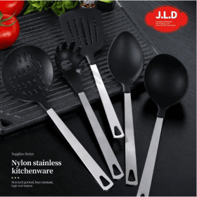 Cooking Utensil Set Premium 5 Piece Kitchen Utensil Set - Stainless Steel Handle And Nylon Faucet, Non-Stick, Heat Resistant, For Home, Kitchen Gift (Color: Black)