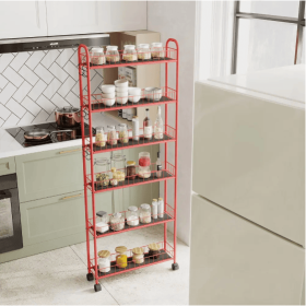 6-Tier Rolling Cart Gap Kitchen Slim Slide Out Storage Tower Rack With Wheels,Baskets,6 For Kitchen,Bathroom Laundry Narrow Piaces Utility Cart,Red (Color: Red)